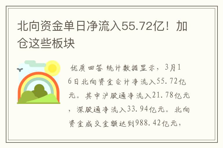 北向资金单日净流入55.72亿！加仓这些板块